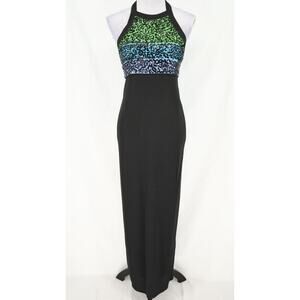 Bieff Basix Gown Womens 4 Silk Black Green Blue Dress Sequins Halter Vintage